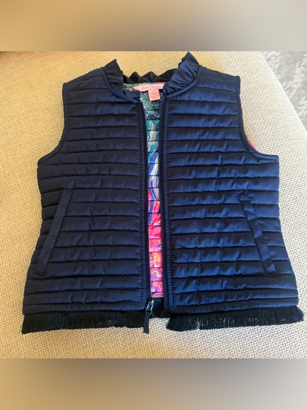 Lilly Pulitzer Navy Quilted Vest with Pink Floral Reversible Lining